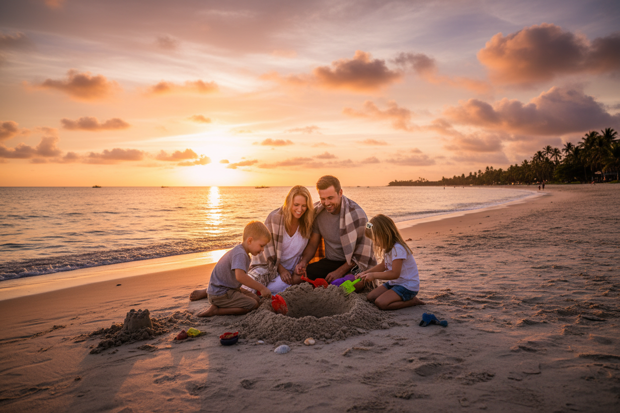 Family at sunset on beach