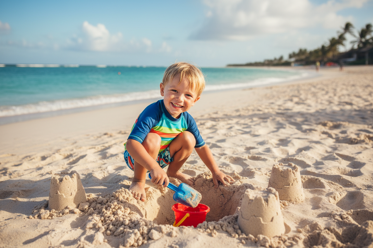 Solo kid playing on beach